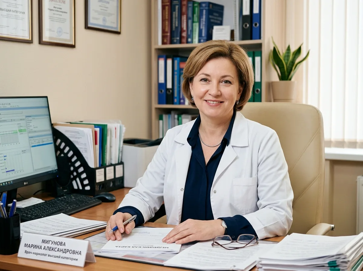 Врач-нарколог высшей категории Мигунова Марина Александровна, портретное фото в белом халате, медицинский кабинет, профессиональный нейтральный фон