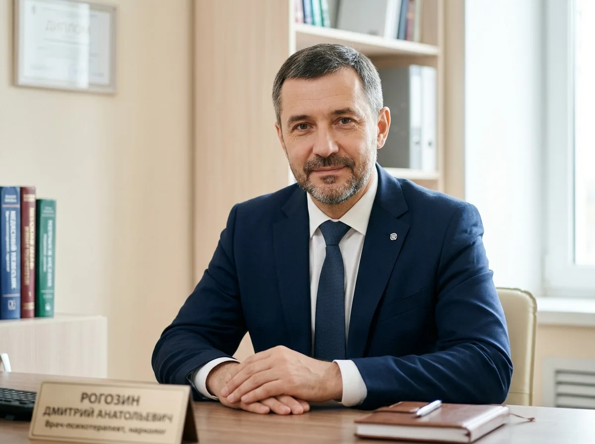 Психотерапевт-нарколог Рогозин Дмитрий Анатольевич, портрет в деловом пиджаке, спокойный профессиональный взгляд, светлый фон